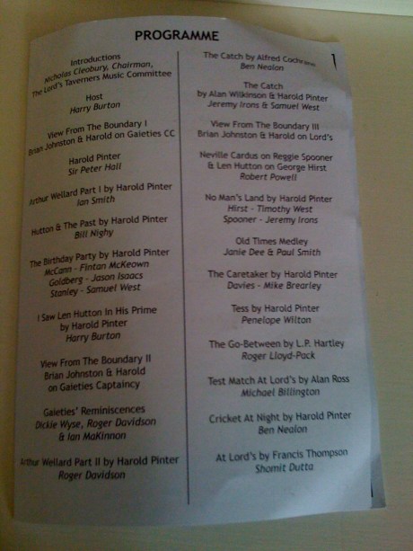Programme from the evening's events from cricketwife.com