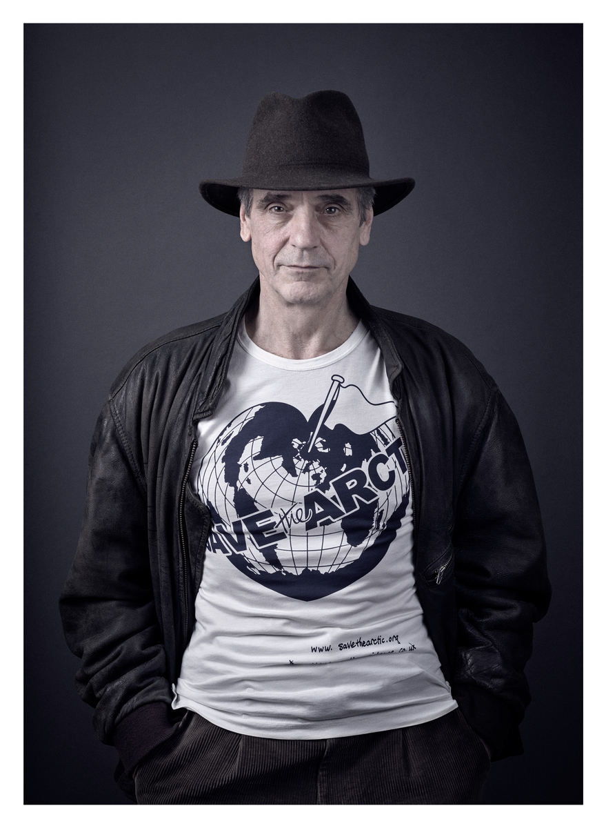 Jeremy Irons models the Save The Arctic t-shirt designed by fashion icon and activist Dame Vivienne Westwood during a photoshoot with celebrity photographer Andy Gotts MBE.